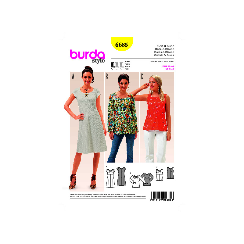 Burda B6685 Women's Dress & Blouse Sewing Pattern Burda Sewing Pattern 6685