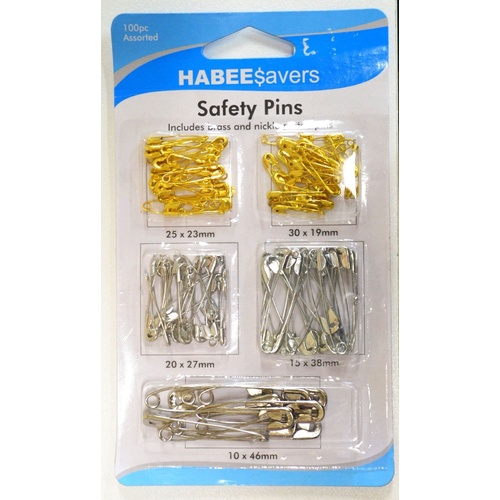 Habee$avers Safety Pins, 100 Pieces Assorted, Nickle Plate & Brass