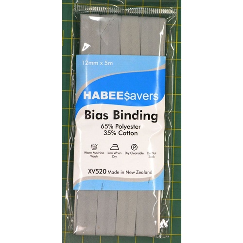 Habee$avers Polycotton Bias Binding, GREY, 12mm x 5m, 65% Polyester, 35% Cotton