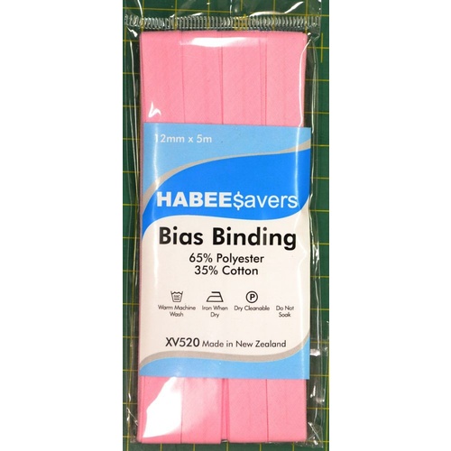Habee$avers Polycotton Bias Binding, PINK, 12mm x 5m, 65% Polyester, 35% Cotton