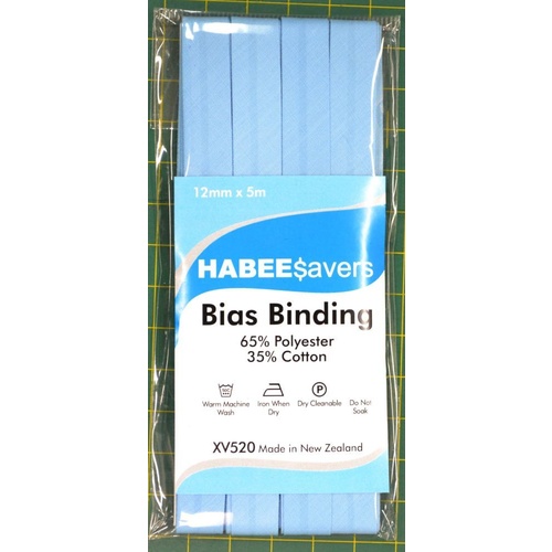 Habee$avers Polycotton Bias Binding, SKY BLUE, 12mm x 5m, 65% Polyester, 35% Cotton