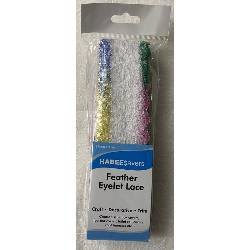 Habee$avers Feater Edge Eyelet Lace, 15m Pack, Multi Colour Edge