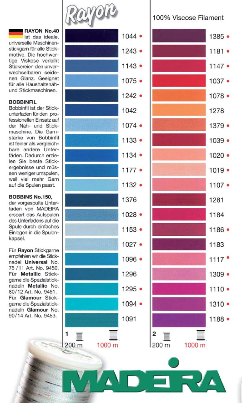 Maderia Rayon 40 Machine Embroidery thread Colour Chart.